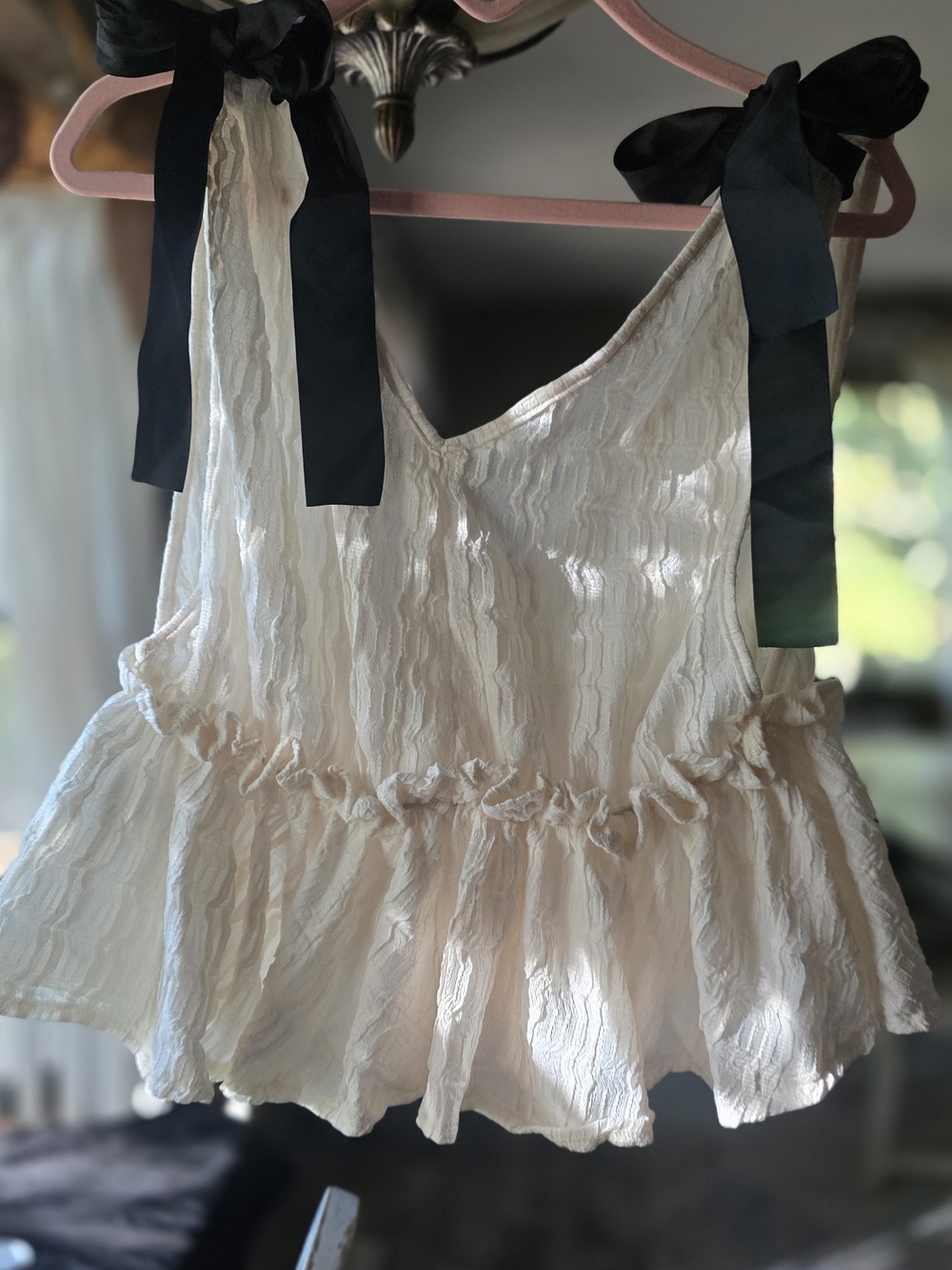 Women's Cream Ruffled Tie-Shoulder Tank Top